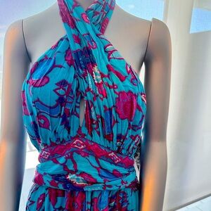 CAROLINA CONSTAS CrissCross Halter Fit-N-Flare Smocked  Maxi Dress Turquoise Med